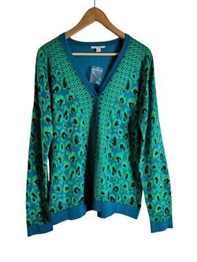 Isaac Mizrahi Live Vibrant Multi-tone Blue Leopard Print Button Front Cardigan M